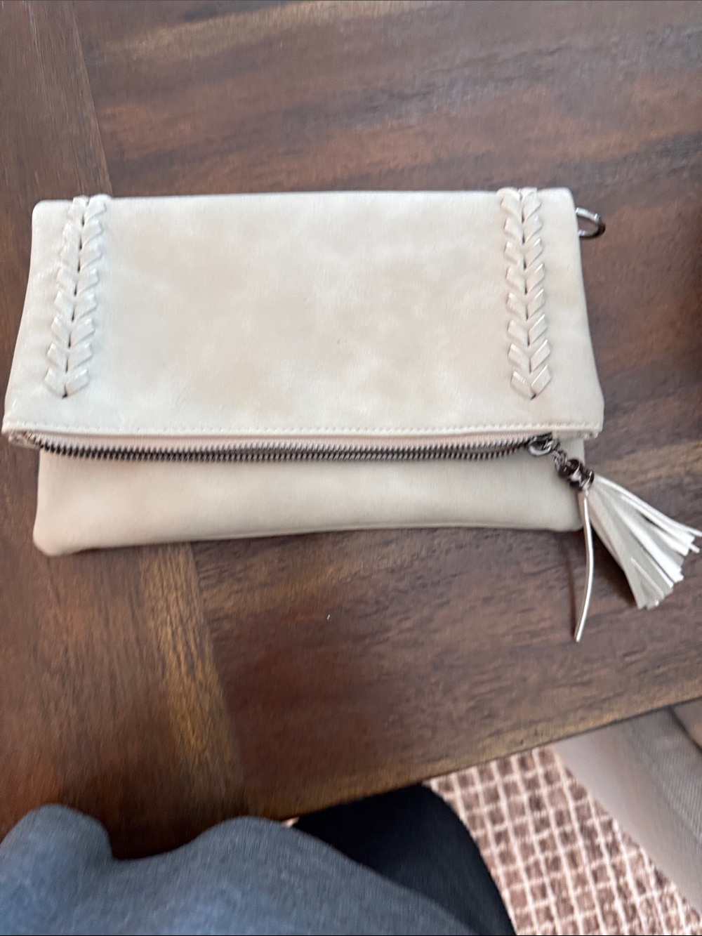 Light Grey Fold-Over Crossbody or Clutch Wristlet in Light Beige with Tassel